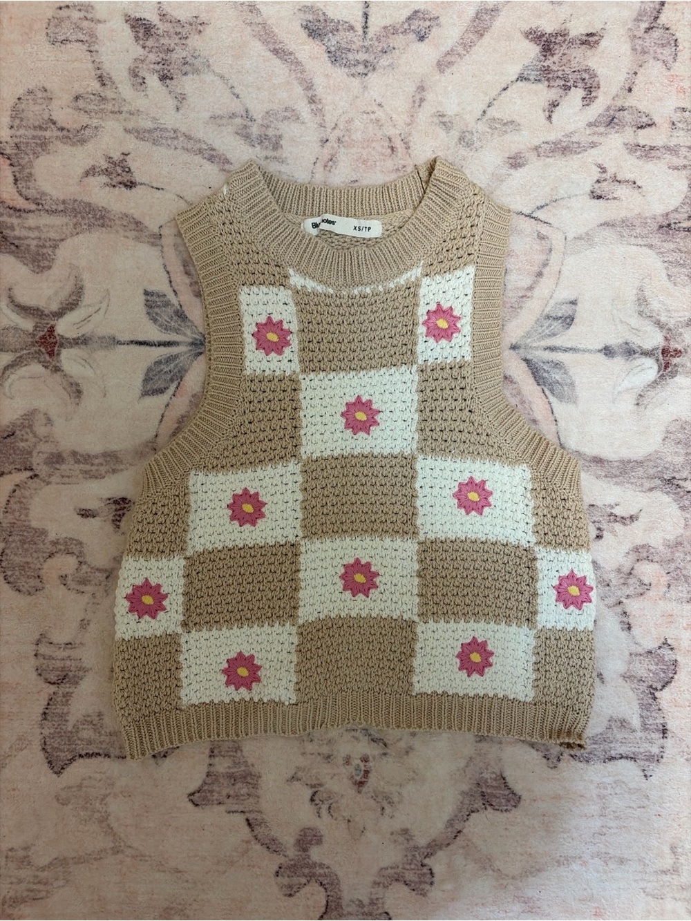 Knit Beige and Cream Checker Sweater Vest with Pink Daisy Accents